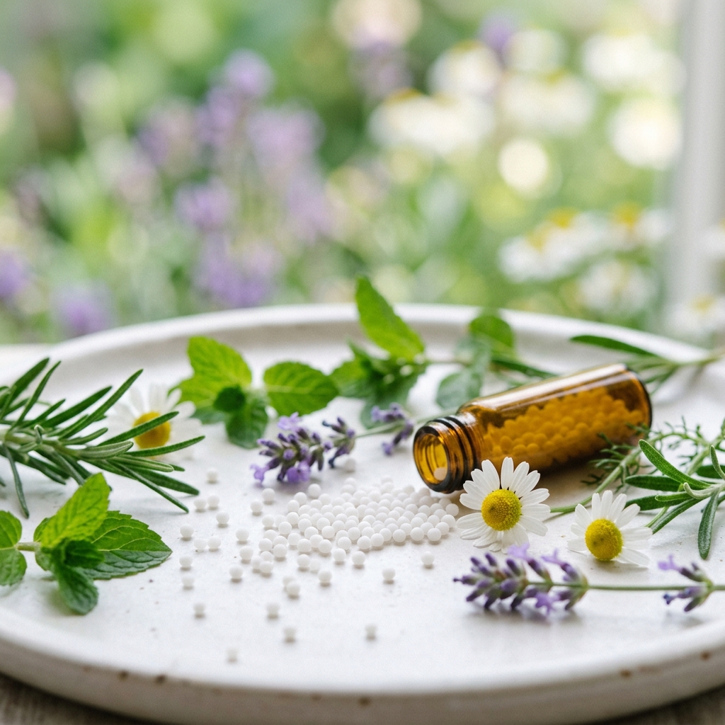 Natural herbs and pearly white homeopathic remedies with bokeh effect
