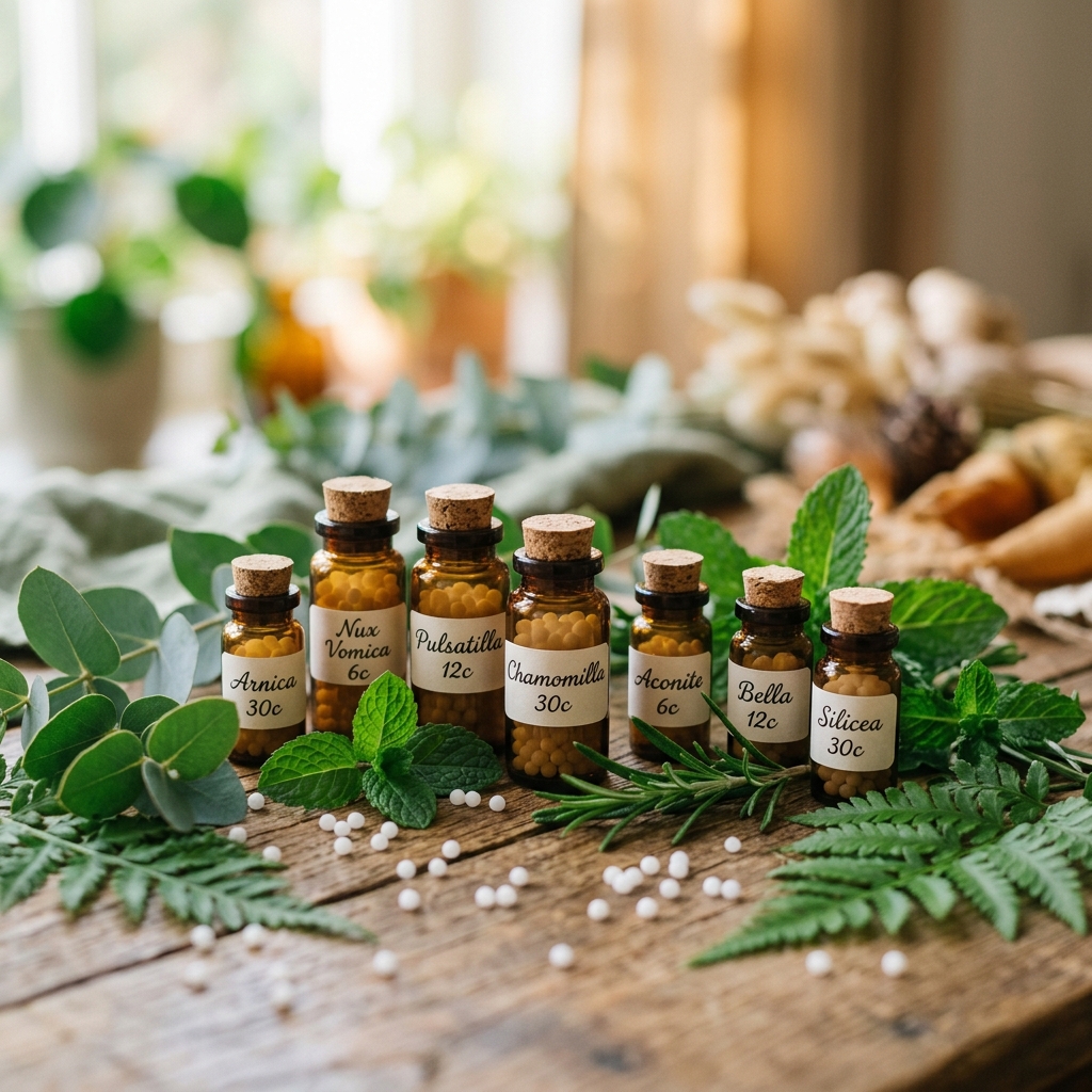 Amber glass homeopathic remedy bottles with soft bokeh